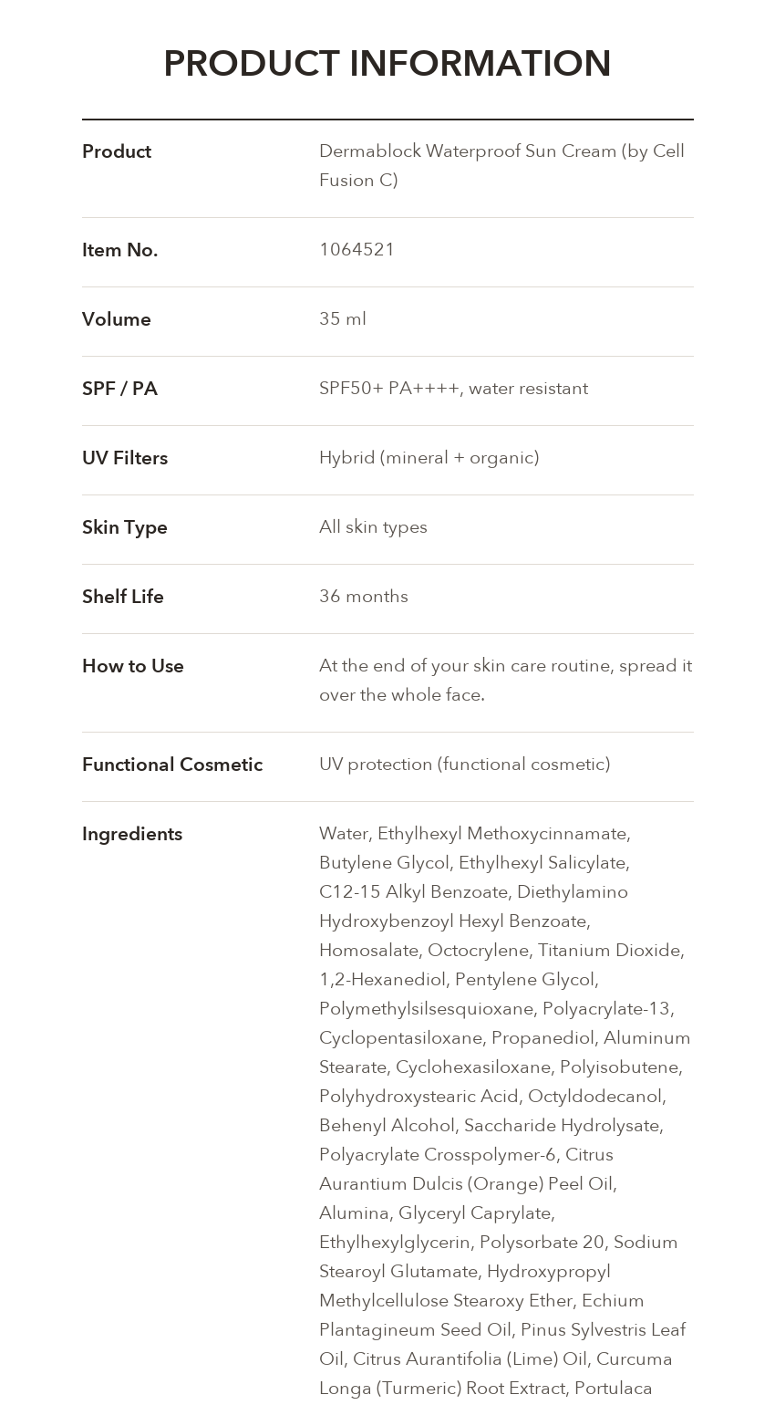 DERMABLOCK Waterproof Sun Cream 35ml product information