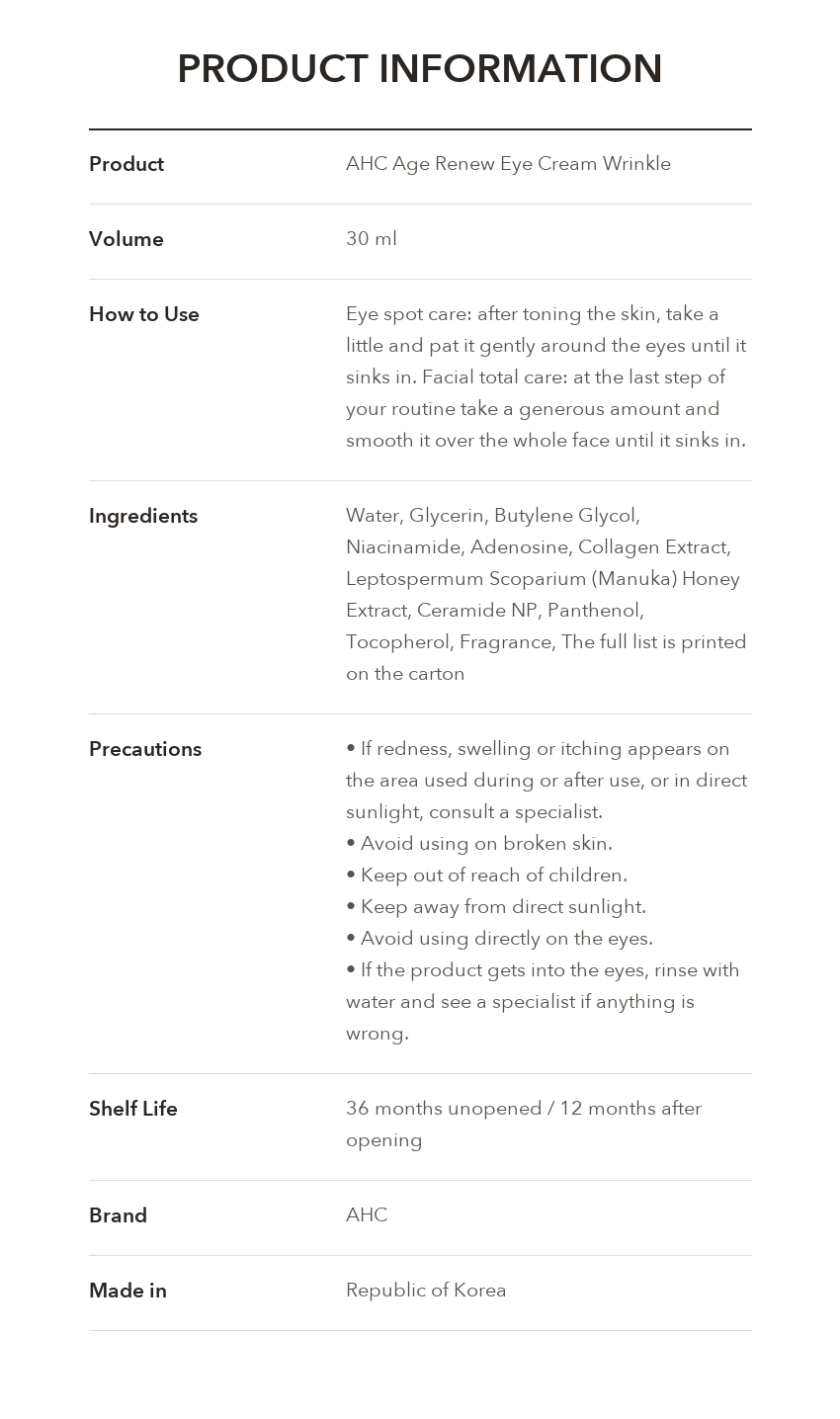 AHC Age Renew Eye Cream Wrinkle product information