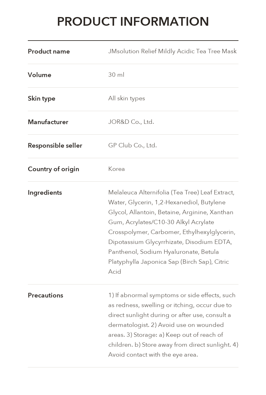 JMsolution Relief Mildly Acidic Tea Tree Mask product information