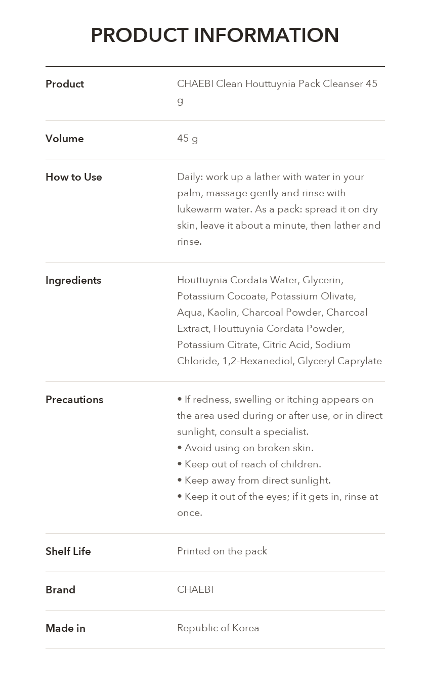 CHAEBI Clean Houttuynia Pack Cleanser product information