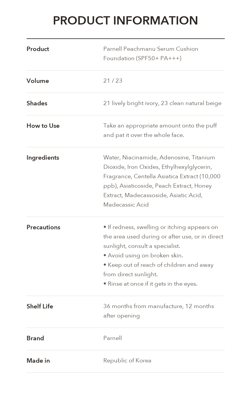 PARNELL Peachmanu Serum Cushion Foundation product information