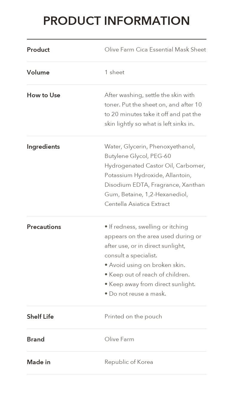 Olive Farm Essential Mask Sheet Cica detail 06