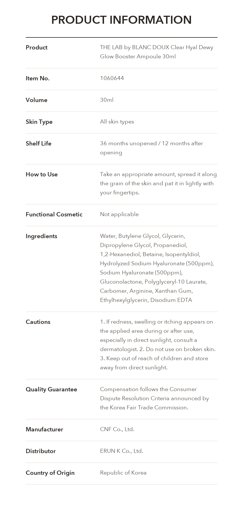 THE LAB by BLANC DOUX Clear Hyal Dewy Glow Booster Ampoule product information