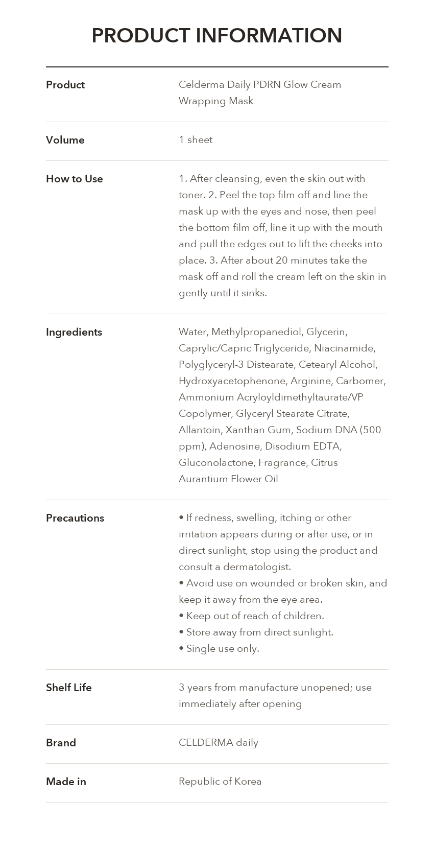 Cellderma Daily PDRN Glow Cream Wrapping Mask product information