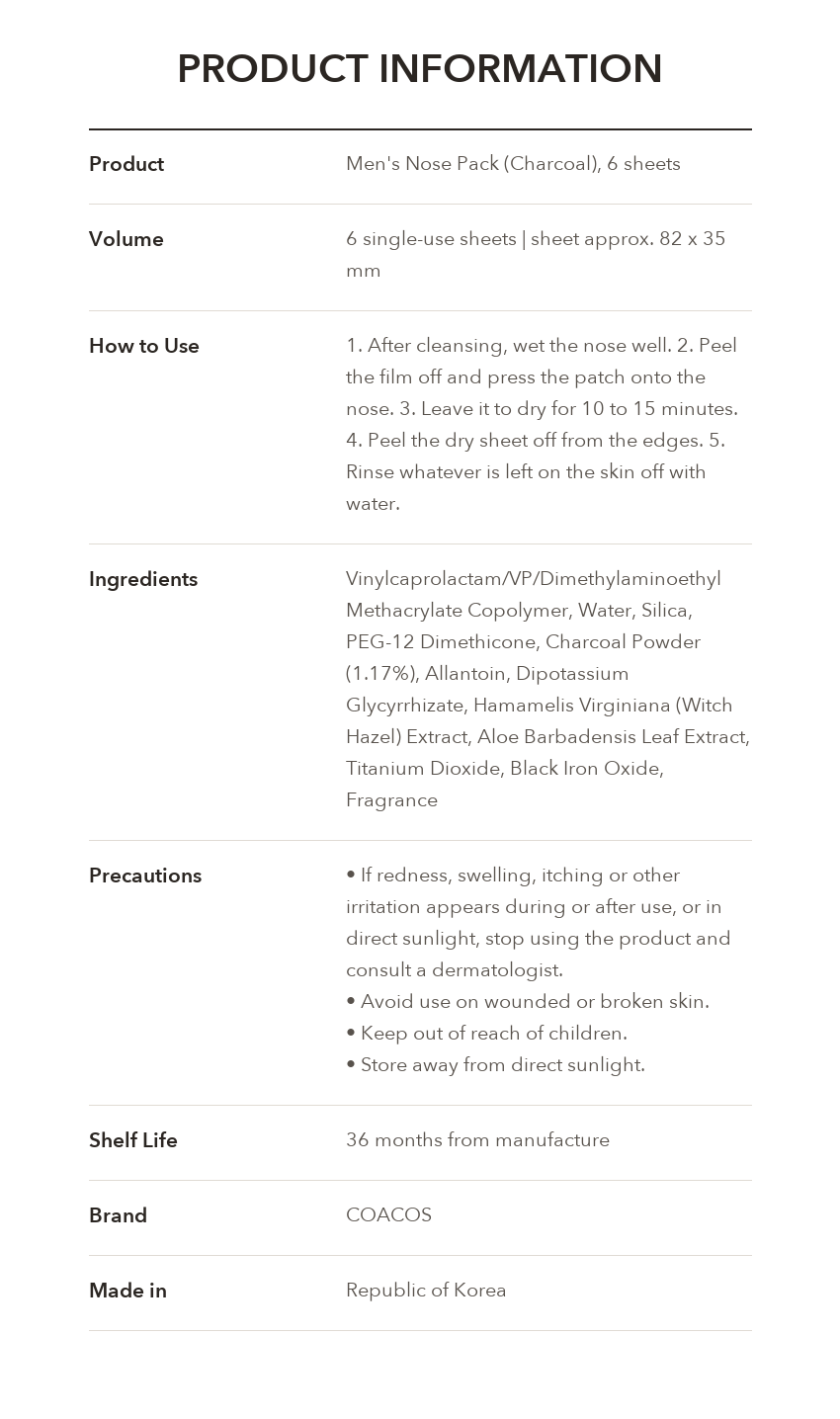 COACOS Charcoal Men's Nose Pack product information