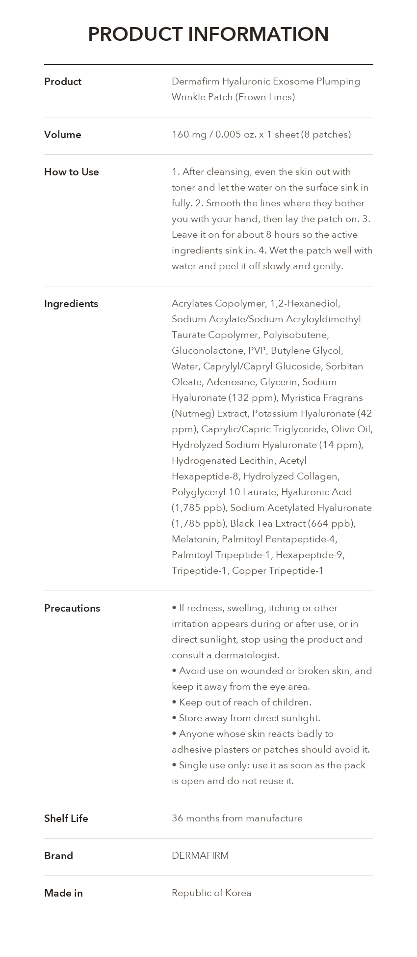 DERMAFIRM Hyaluronic Exosome Plumping Wrinkle Patch product information