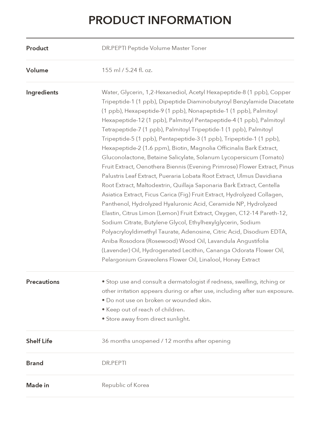 DR.PEPTI Peptide Volume Master Toner product information