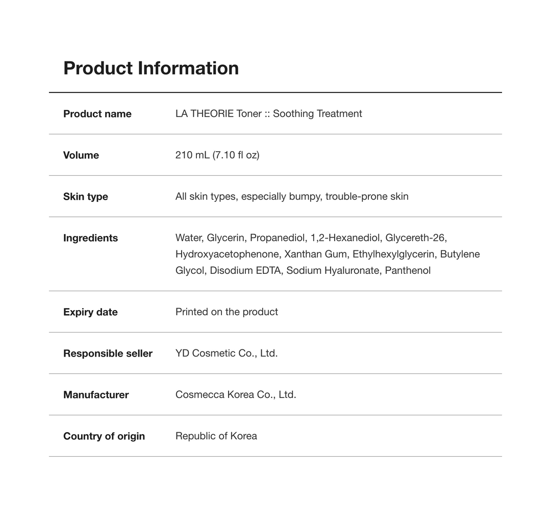 LA THEORIE Toner Soothing Treatment product information