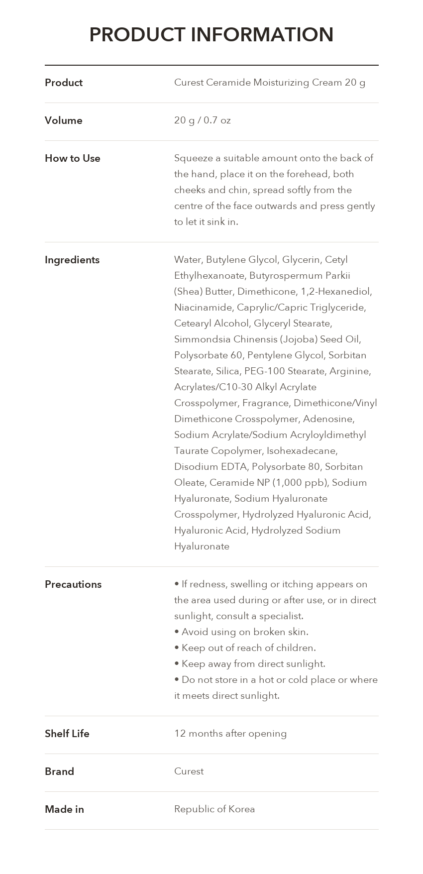 CUREST Ceramide Moisturizing Cream product information