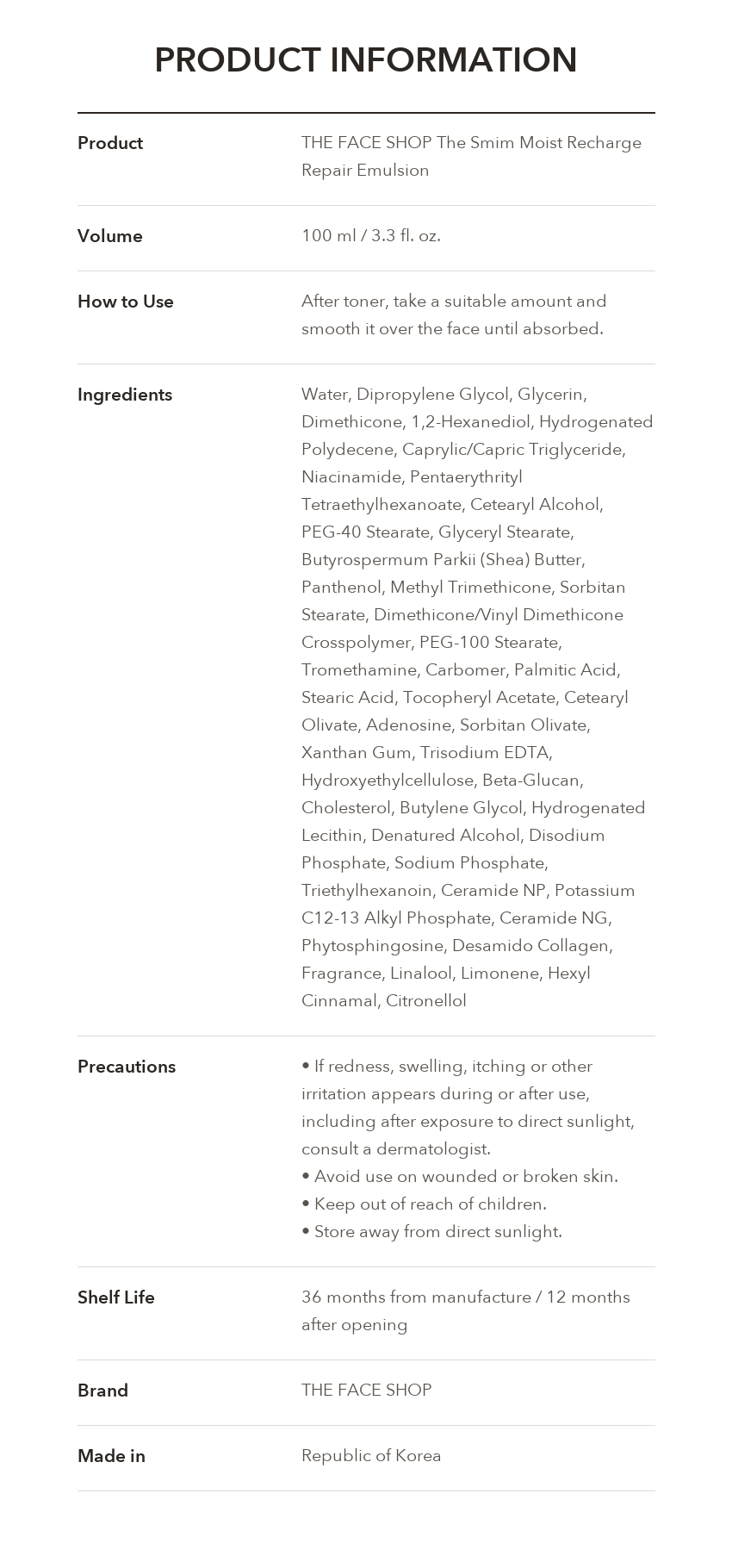 THE FACE SHOP The Smim Moist Recharge Repair Emulsion product information