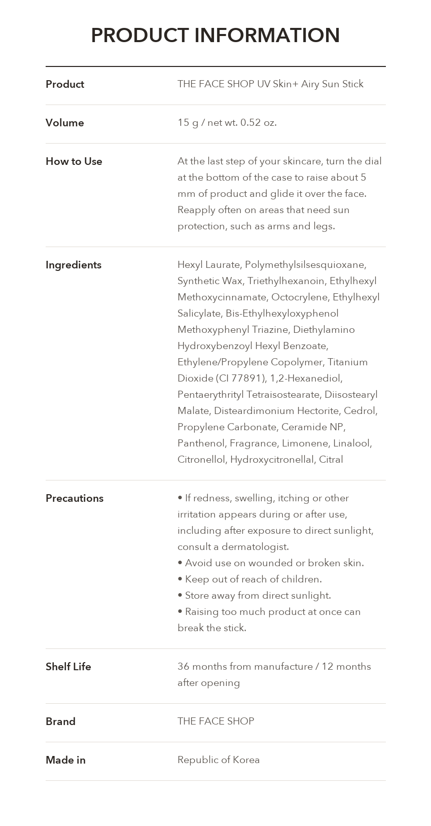 THE FACE SHOP UV Skin+ Airy Sun Stick product information