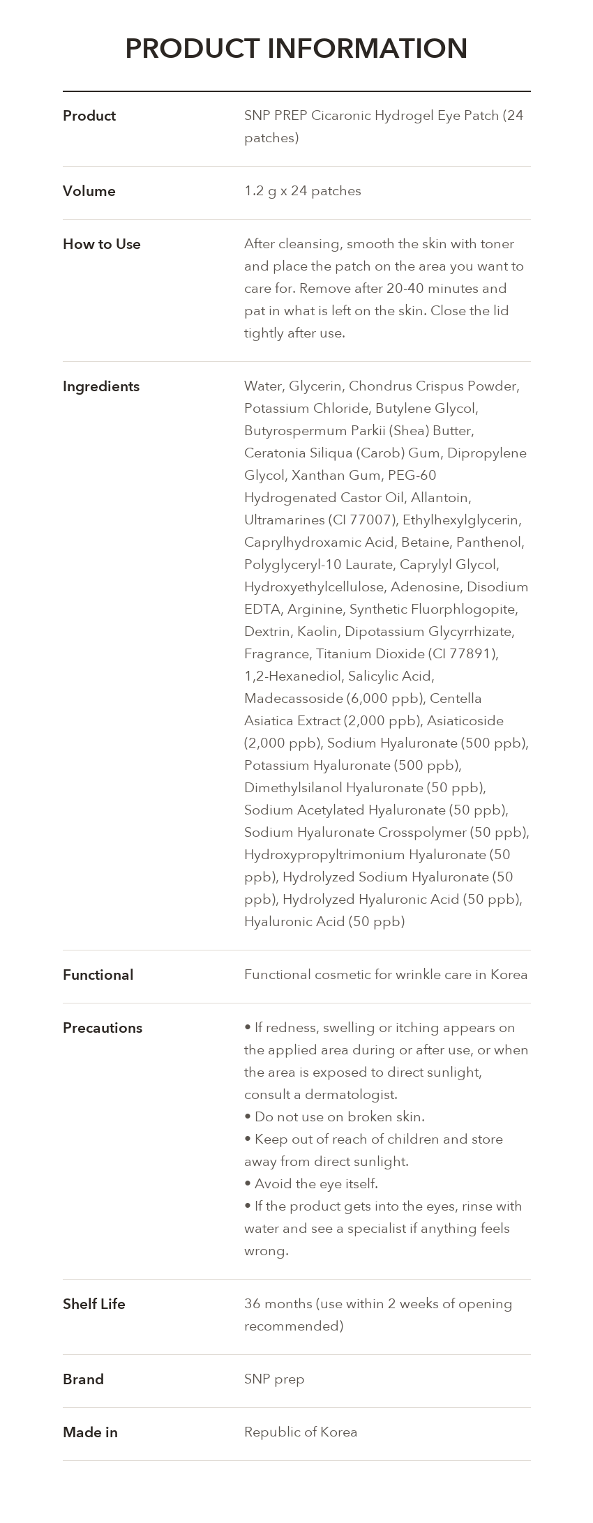 SNP PREP Cicaronic Hydrogel Eye Patch product information