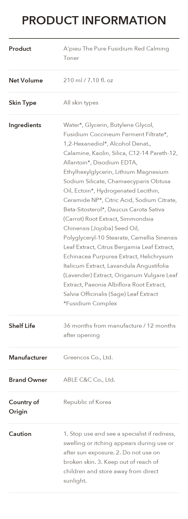 A'PIEU The Pure Fusidium Red Calming Toner product information