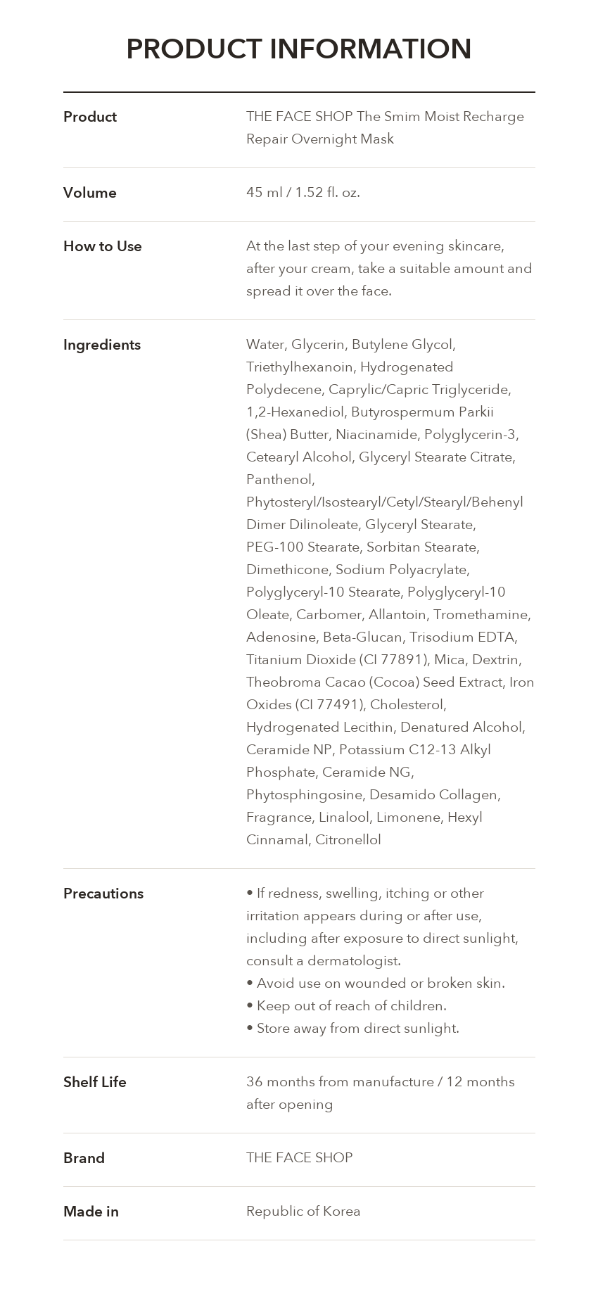 THE FACE SHOP The Smim Overnight Mask product information