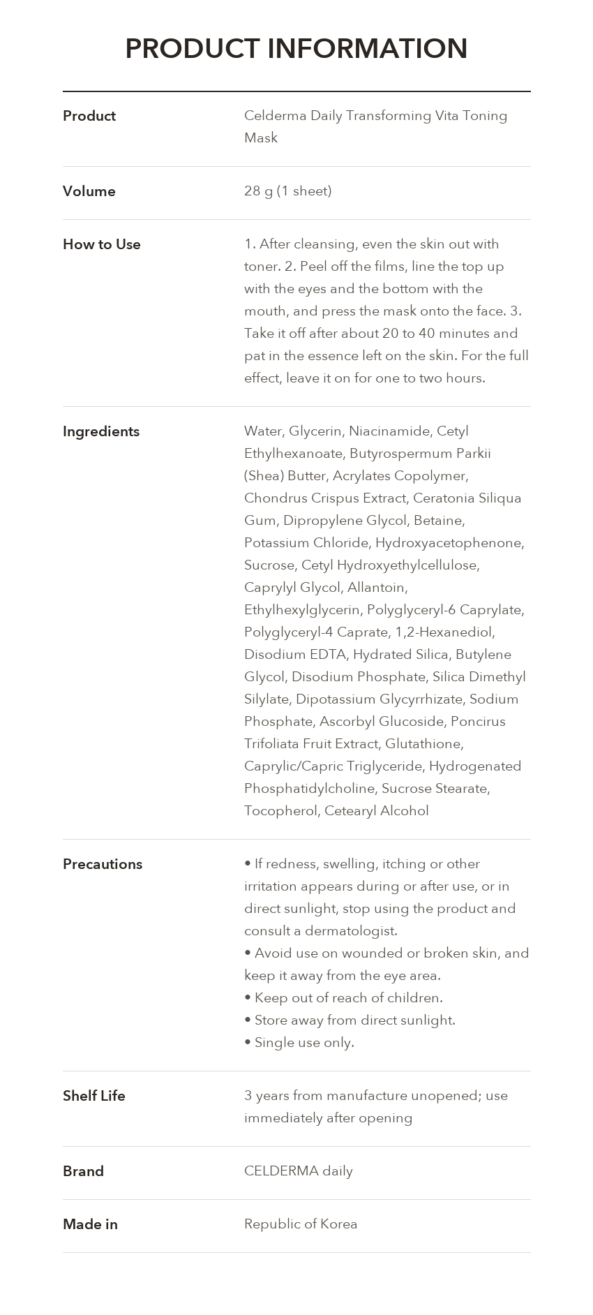Cellderma Daily Vita Toning Mask product information