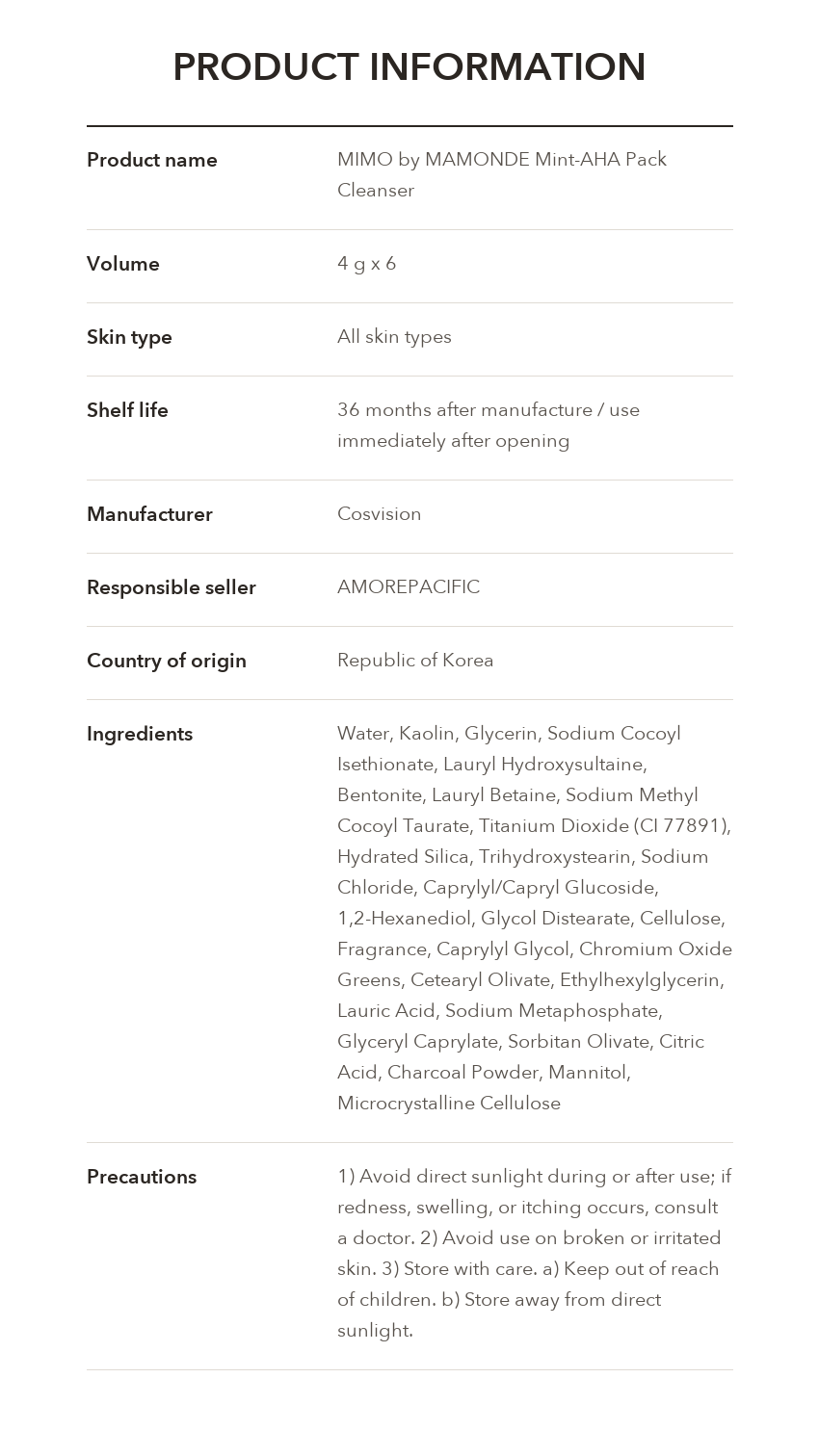 MIMO by MAMONDE Mint-AHA Pack Cleanser product information