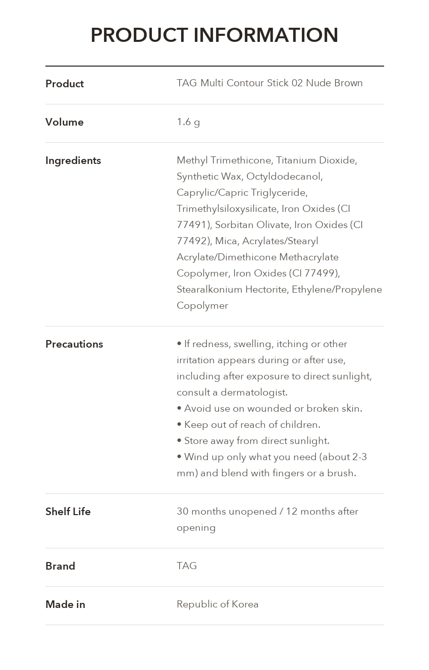 TAG Multi Contour Stick Nude Brown product information