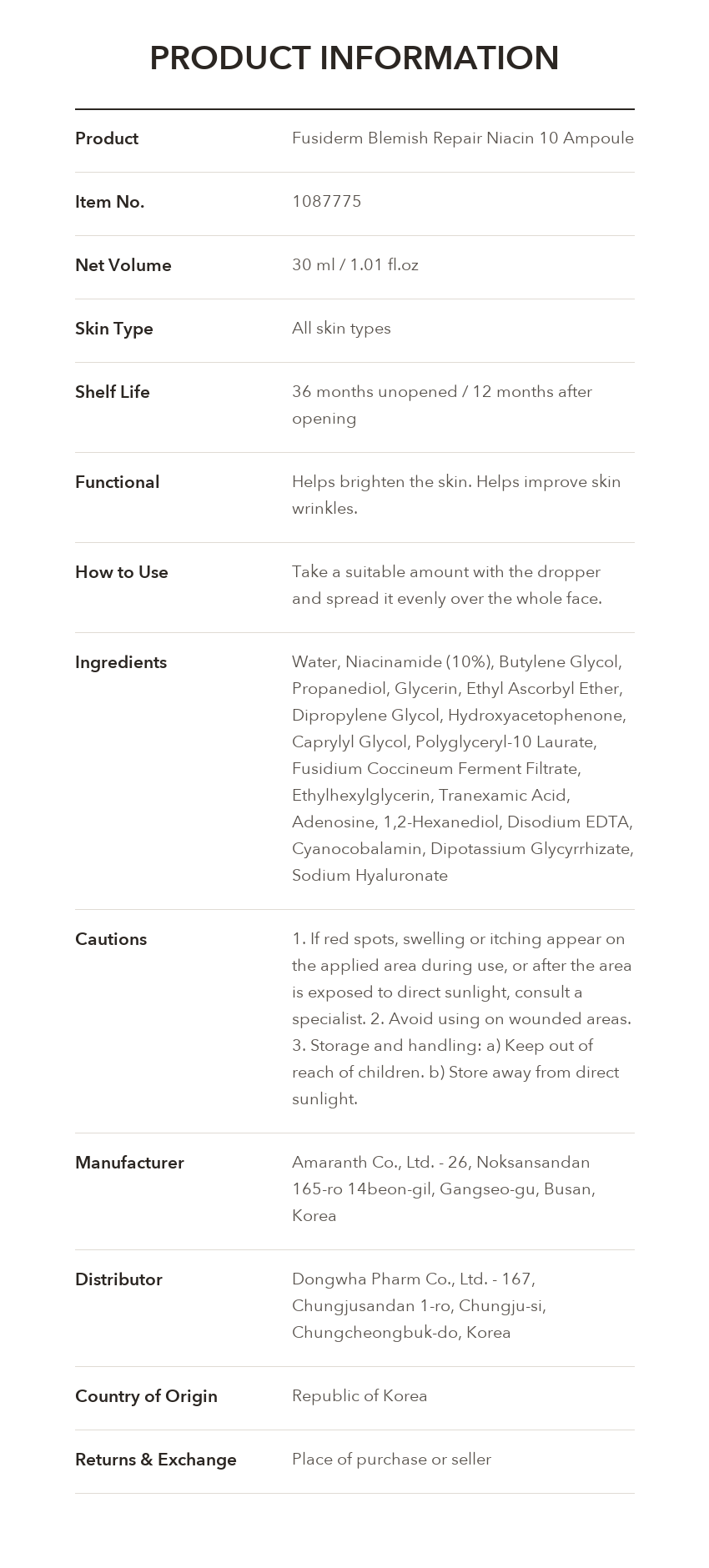FUSIDERM Blemish Repair Niacin 10 Ampoule product information