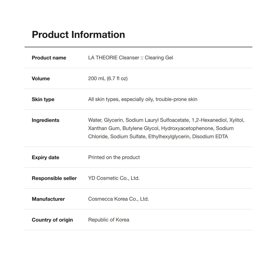 LA THEORIE Cleanser Clearing Gel product information