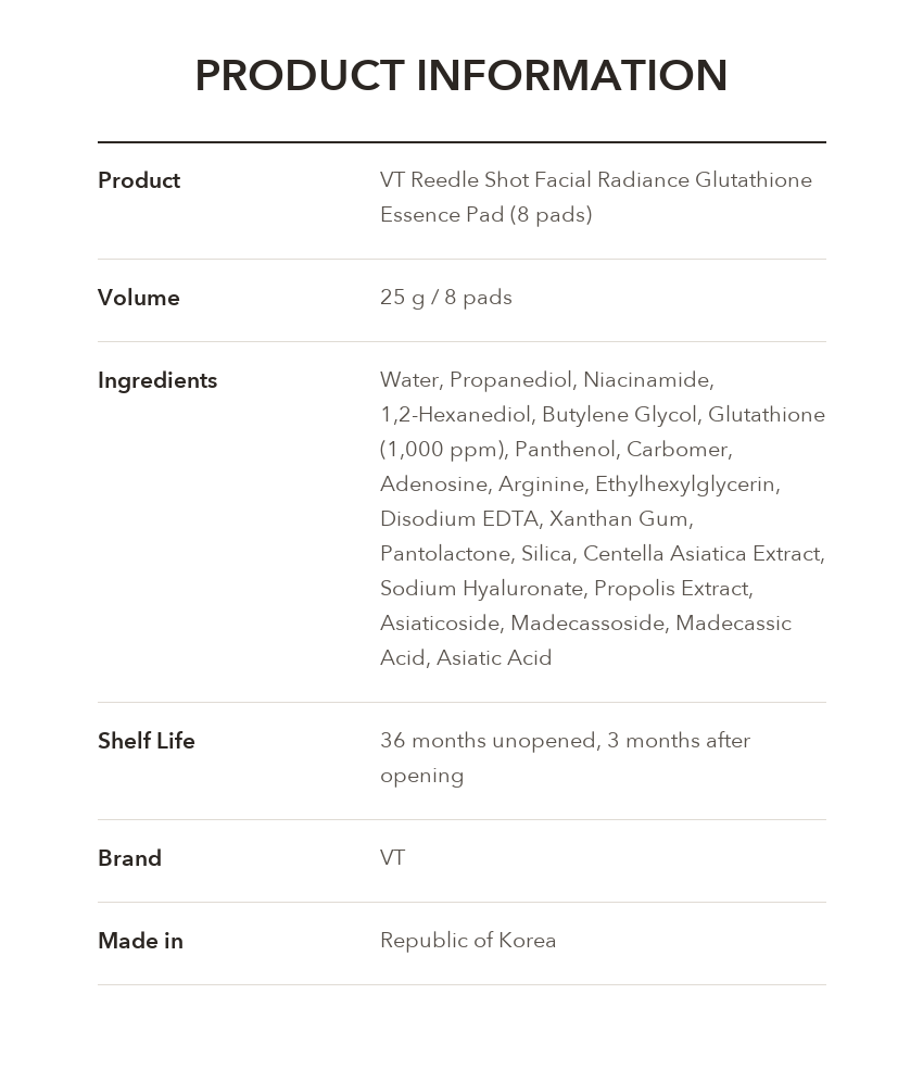 VT Reedle Shot Facial Radiance Glutathione Essence Pad 8 Pads product information