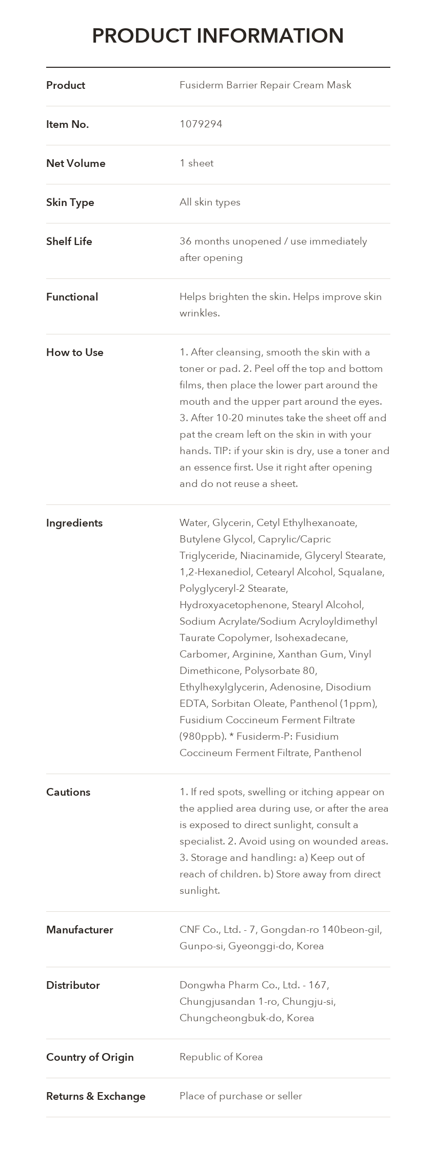 Fusiderm Barrier Repair Cream Mask product information