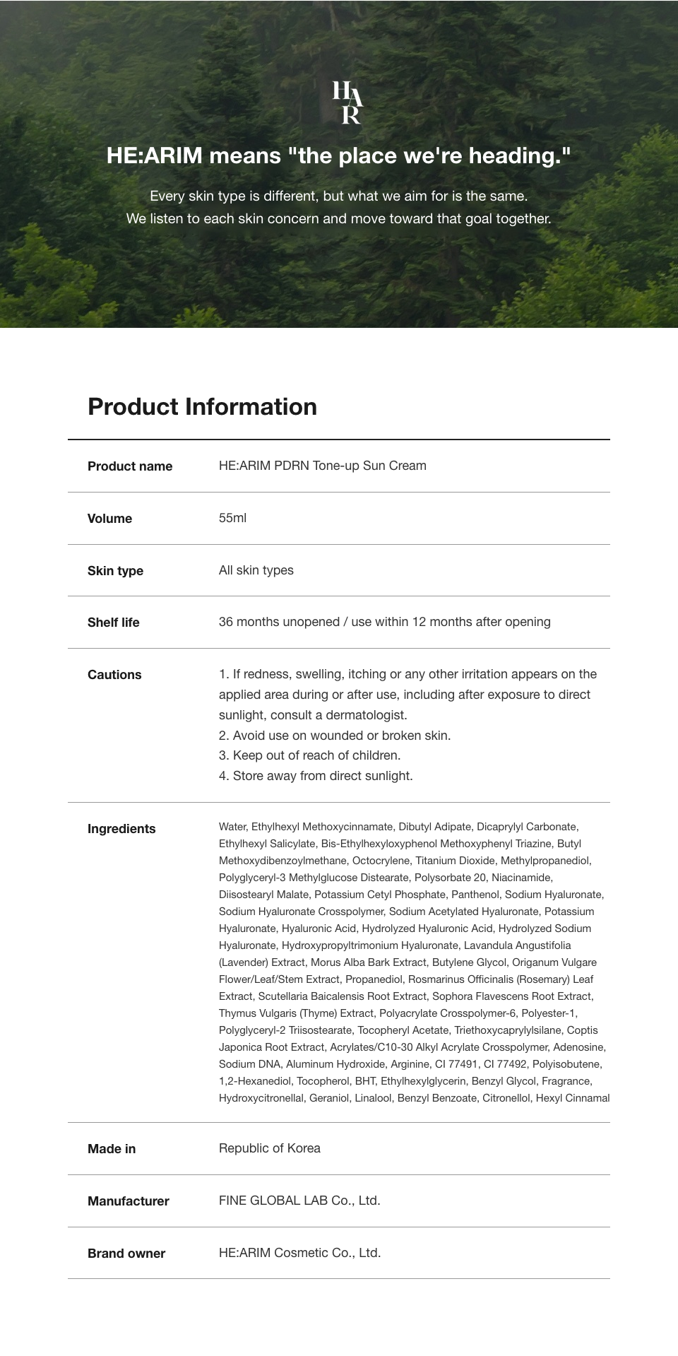 HE:ARIM PDRN Tone-up Sun Cream product information