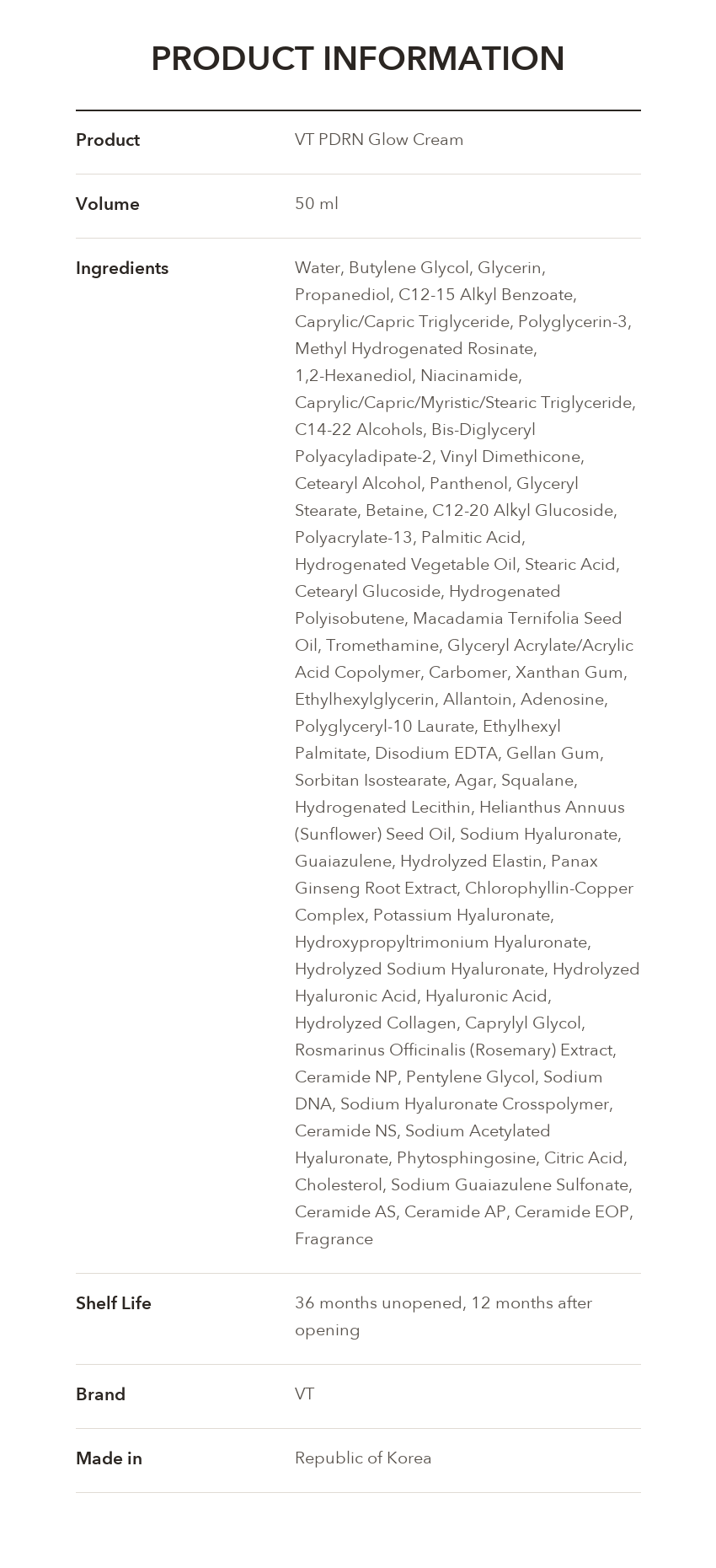 VT PDRN Glow Cream 50ml product information