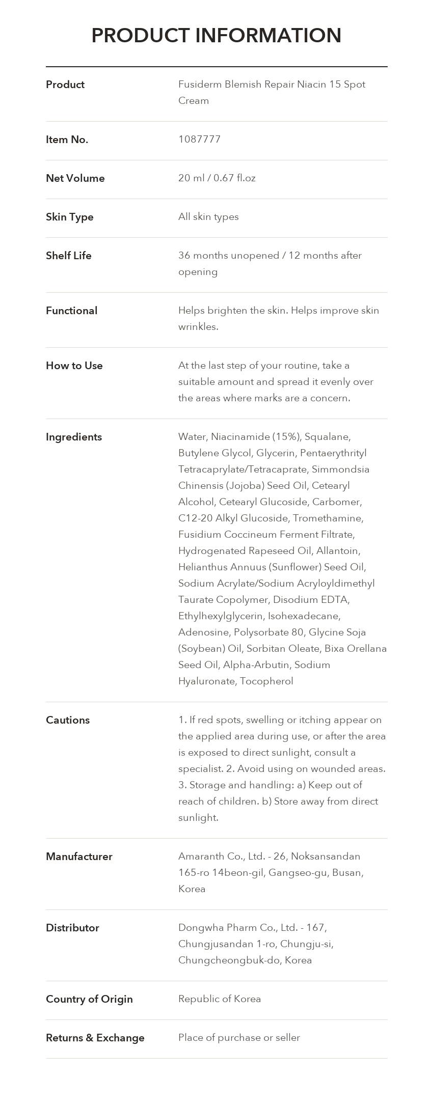 FUSIDERM Blemish Repair Niacin 15 Spot Cream product information
