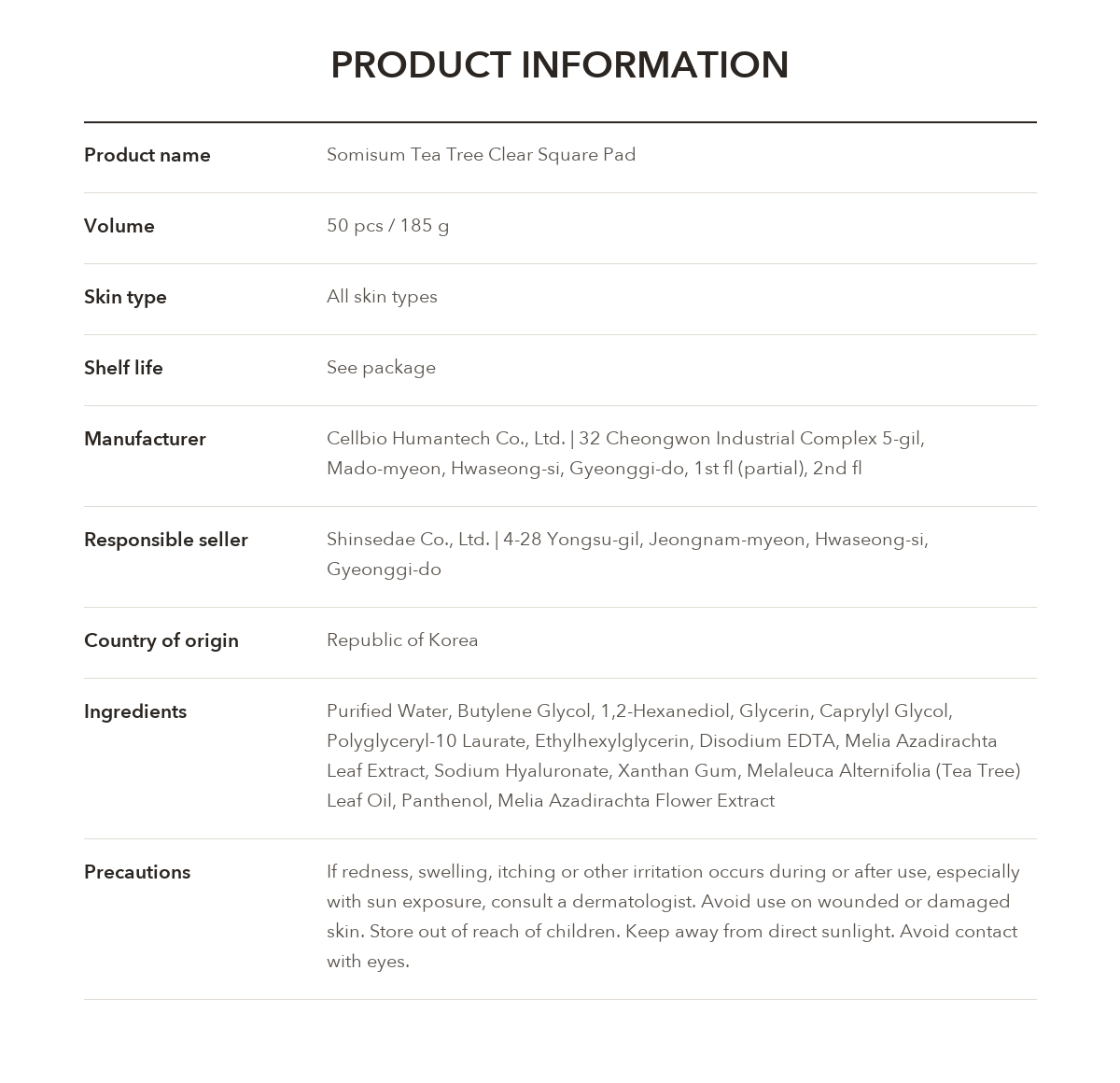 Somisome Tea Tree Clear Square Pad product information