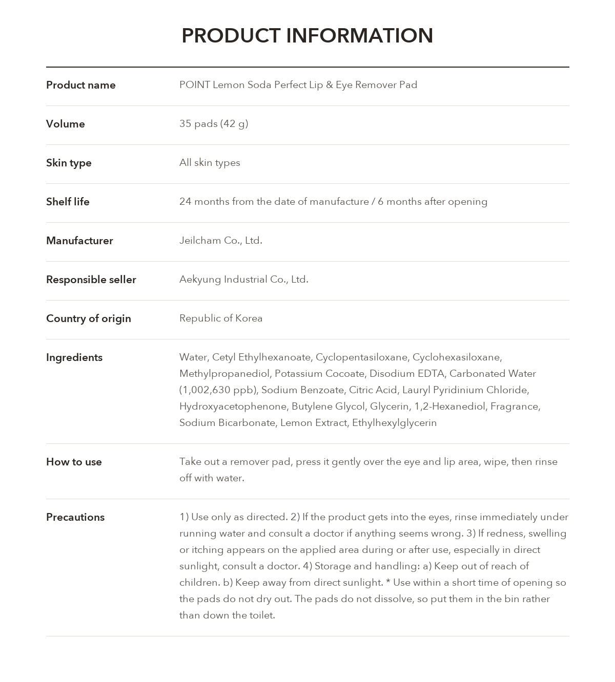 POINT Lemon Soda Lip & Eye Remover Pad product information
