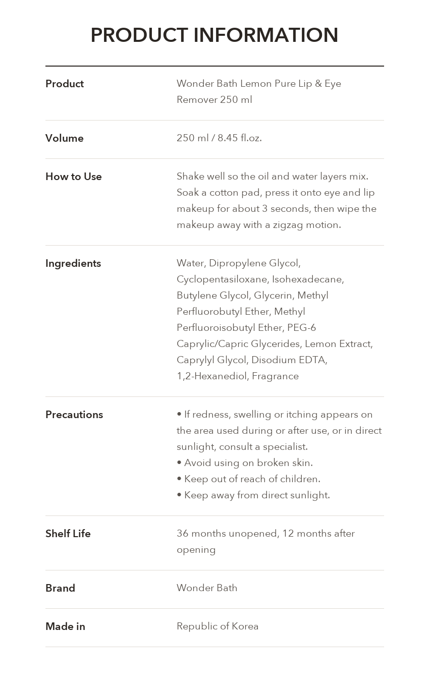 Wonder Bath Lemon Pure Lip & Eye Remover product information