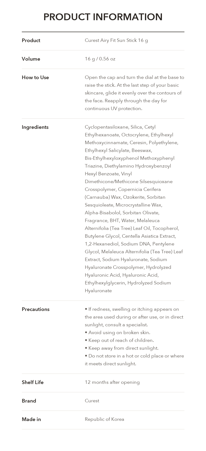 CUREST Airy Fit Sun Stick product information