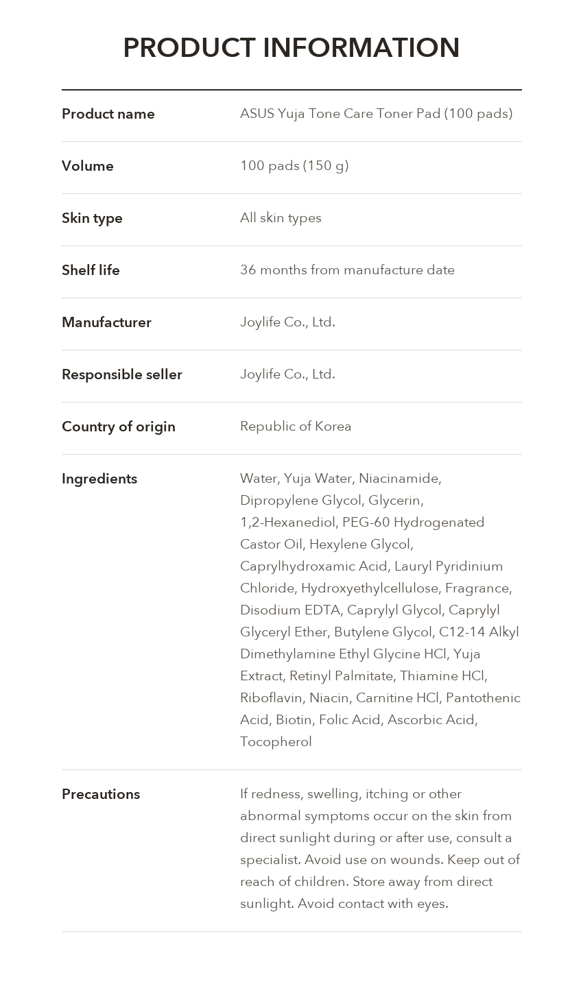 ASUS Yuja Tone Care Toner Pad product information