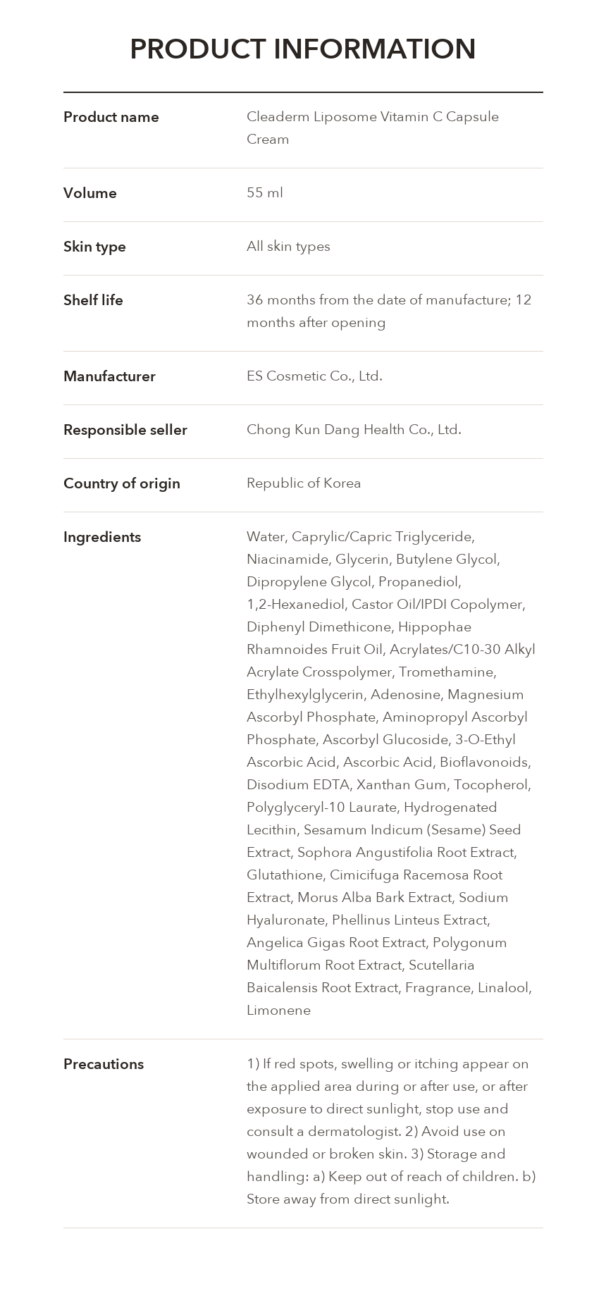 CLEADERM Liposome Vitamin C Capsule Cream product information