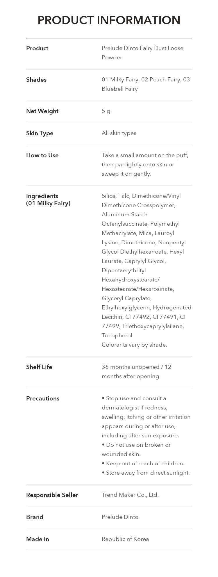 Prelude Dinto Fairy Dust Loose Powder 5g product information