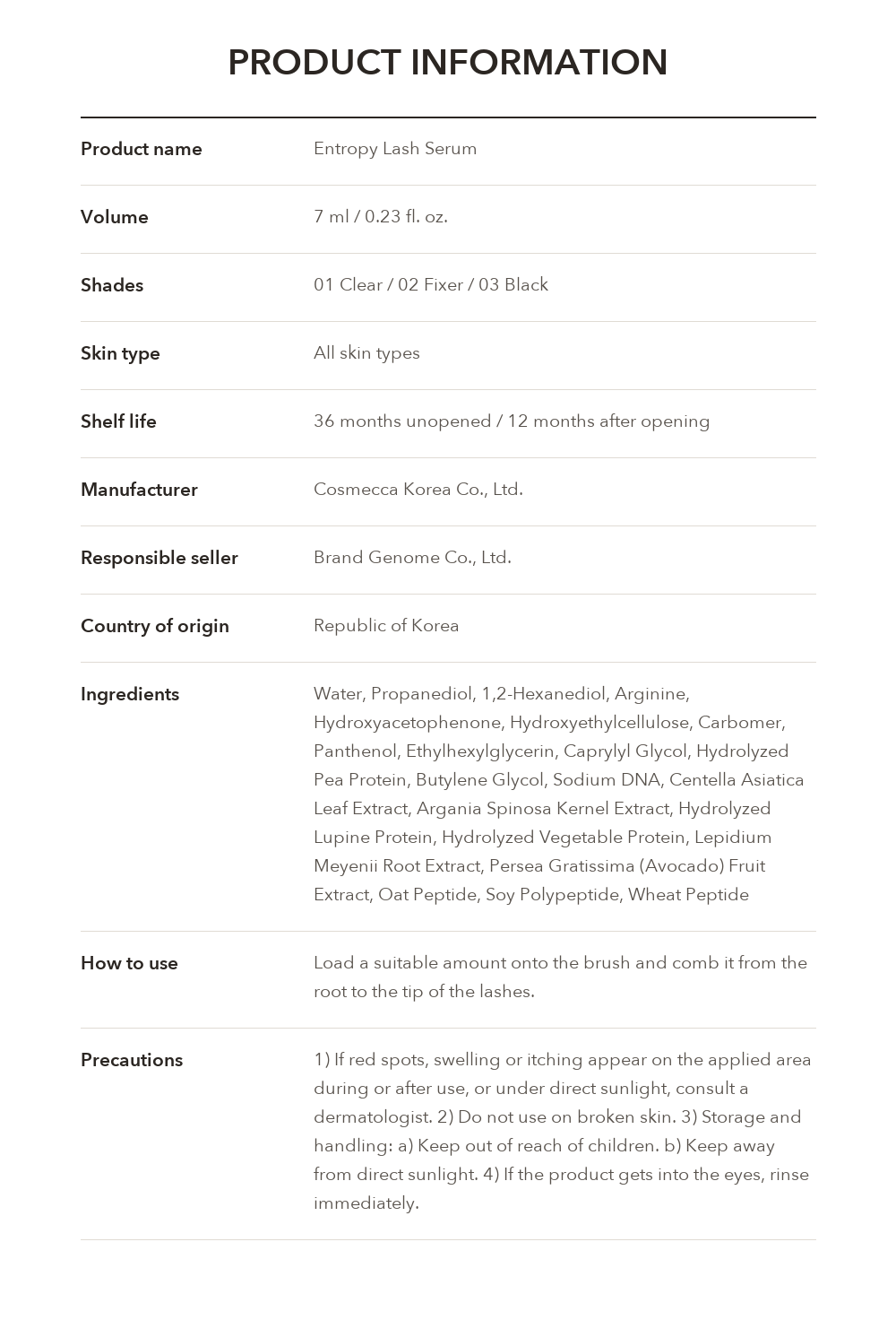 Entropy Eyelash Nutrient Serum product information