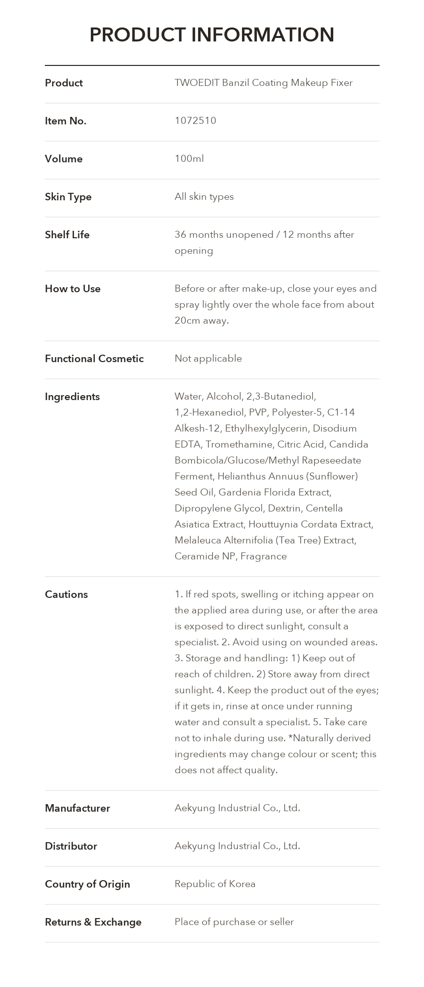 TWOEDIT Banzil Coating Makeup Fixer product information
