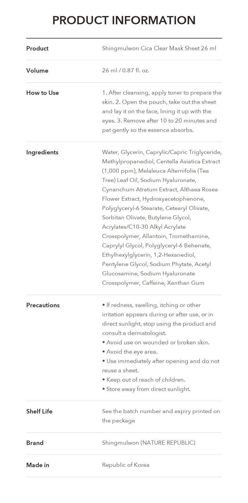 Shingmulwon Cica Clear Mask Sheet product information