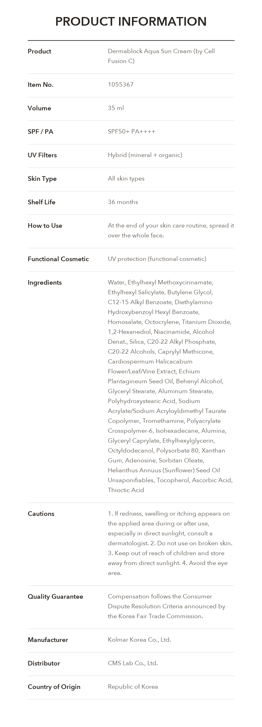 DERMABLOCK Aqua Sun Cream 35ml product information