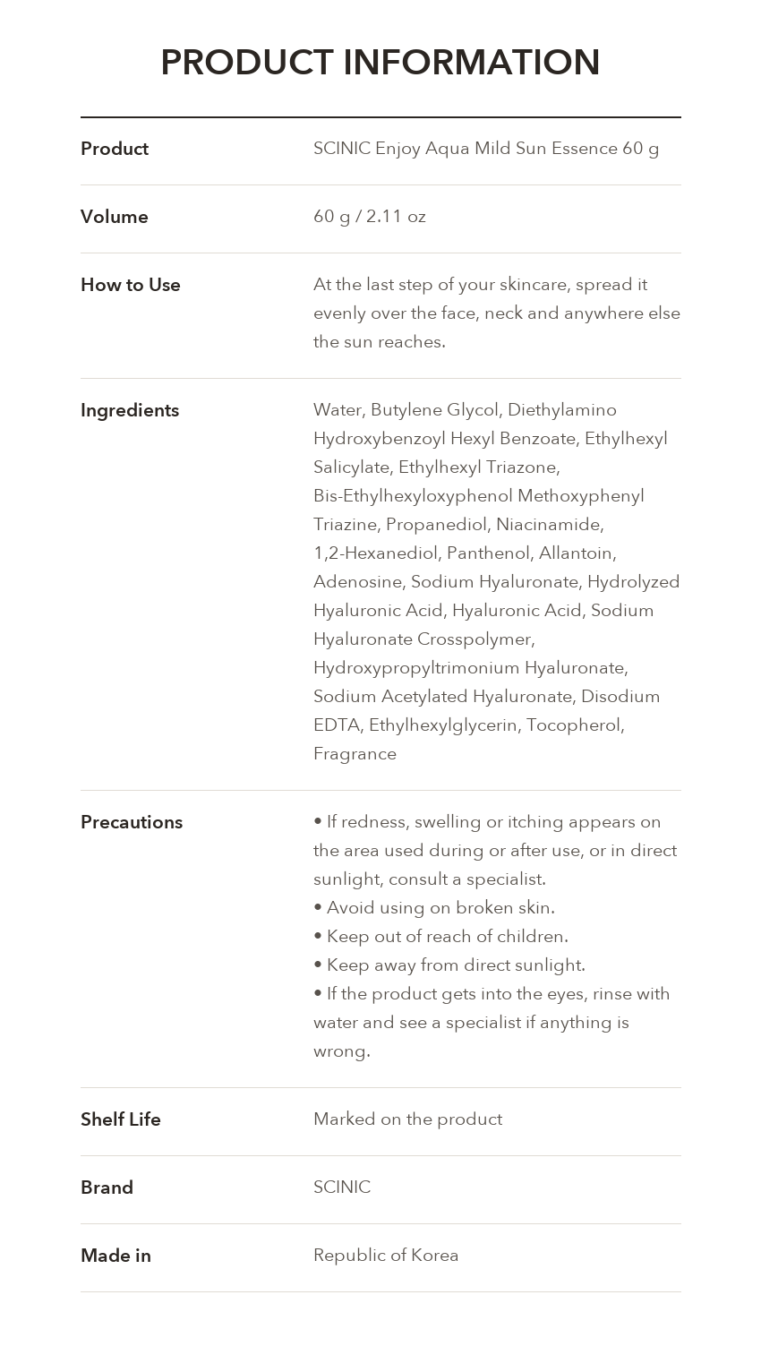SCINIC Enjoy Aqua Mild Sun Essence 60g product information