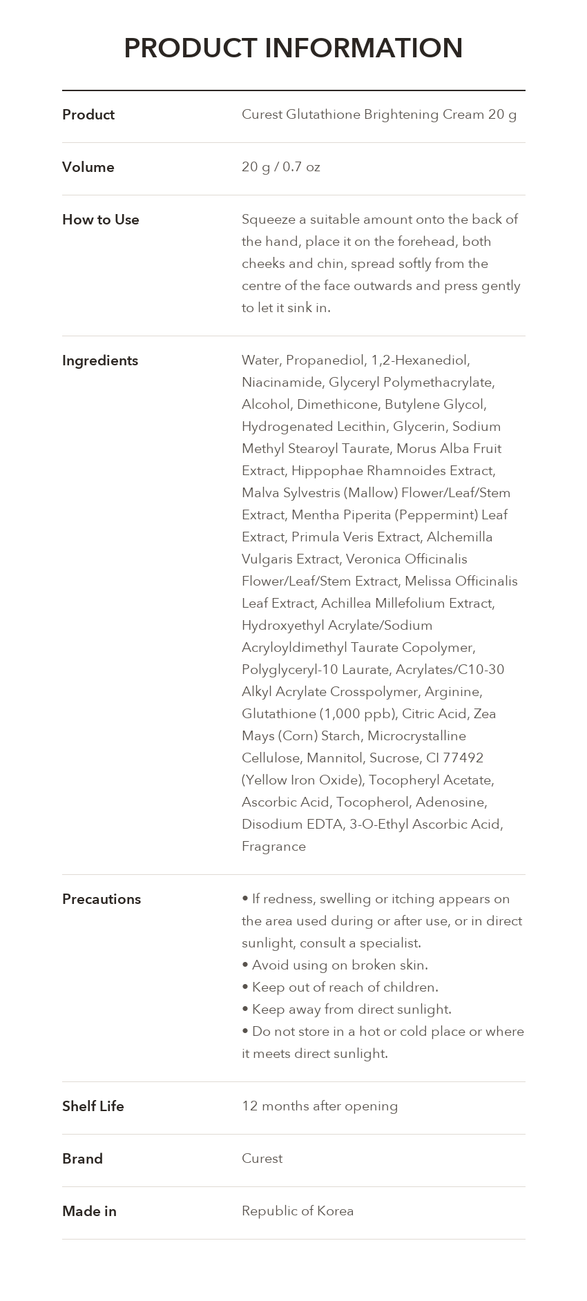 CUREST Glutathione Brightening Cream product information