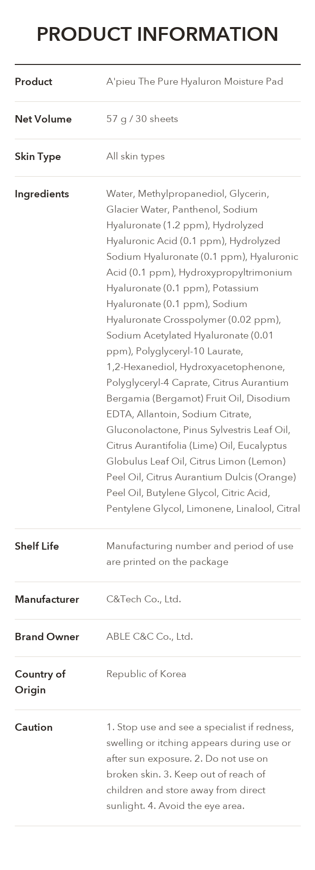 A'PIEU The Pure Hyaluron Moisture Pad product information