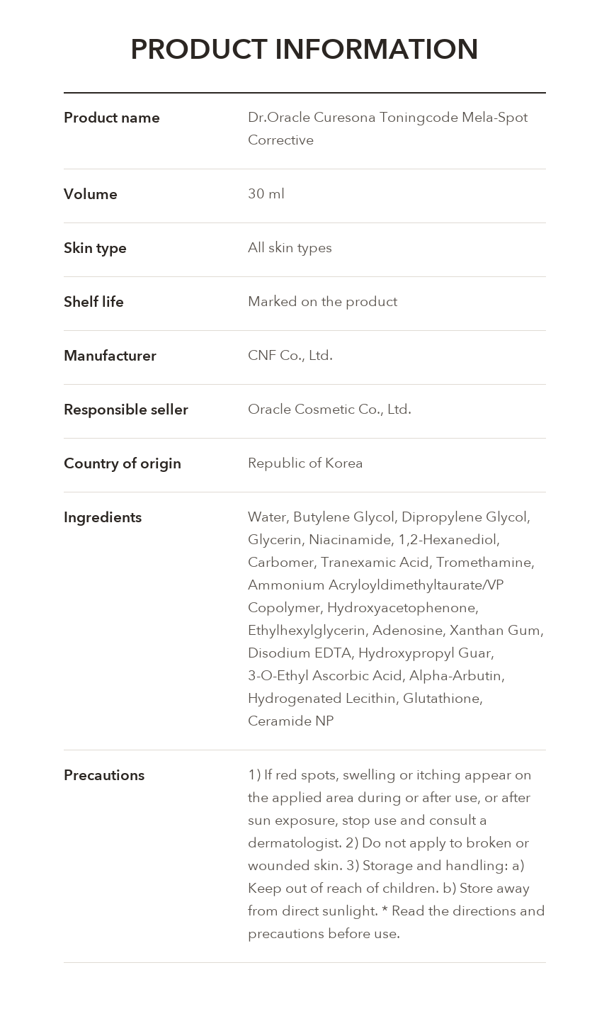 Dr.Oracle Curesona Toningcode Mela-Spot Corrective 30ml product information